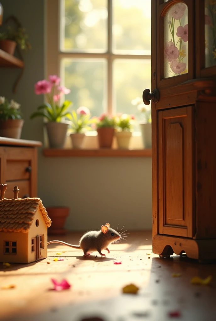The little mouse ran as fast as it could until it reached the house, then quickly hid behind the cabinet.