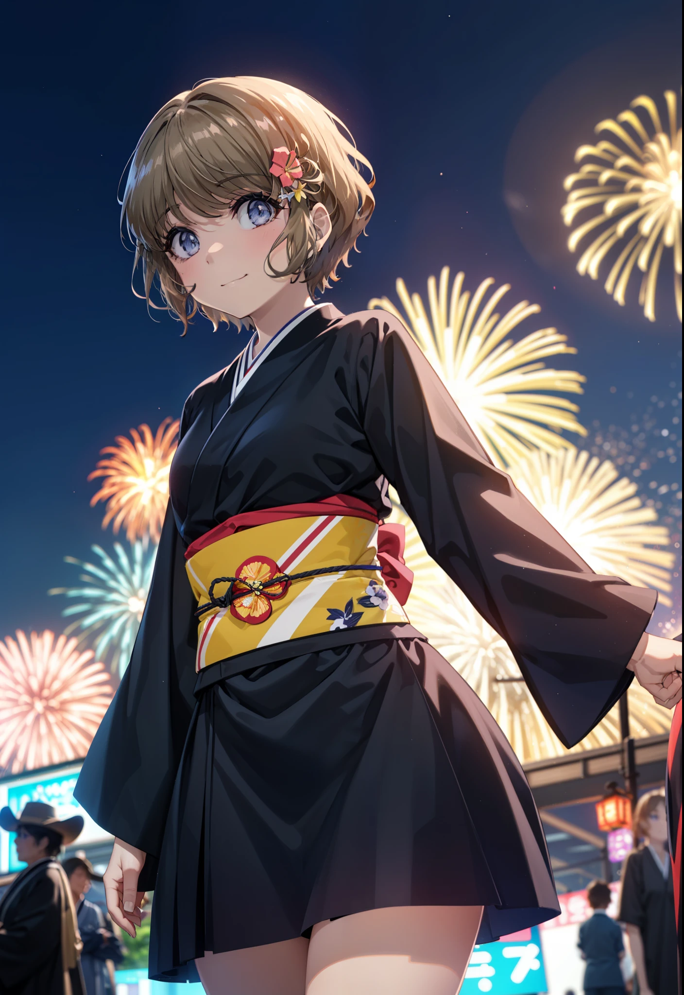 tomoekoga, Chie Koga, short hair, Brown Hair, blue eyes, Flower Hair Ornaments,smile,black kimono,Wide sleeves,日本のFestivalり,夏Festivalりの屋台,Red lantern,Fireworks in the night sky,Fireworks、The place is a fireworks display,Time is night,sunny day,turn around,whole bodyがイラストに入るように
break outdoors,Festival ,
break looking at viewer, whole body,(Cowboy Shot:1.5),
break (masterpiece:1.2), Highest quality, High resolution, unity 8k wallpaper, (figure:0.8), (Beautiful attention to detail:1.6), Highly detailed face, Perfect lighting, Highly detailed CG, (Perfect hands, Perfect Anatomy),
