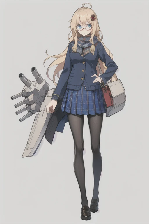 Hood \(warship girls r\),((masterpiece)),(((best quality))),((ultra-detailed)),((illustration)),((disheveled hair)),((frills)),(1 girl),(solo),1girl,adjusting eyewear,ahoge,animal,bangs,black footwear,black legwear,blonde hair,blue eyes,blue jacket,blue scarf,blue skirt,breasts,brown scarf,cat,flower,full body,glasses,hair ornament,jacket,loafers,long hair,long sleeves,looking at viewer,pantyhose,plaid,plaid scarf,plaid skirt,pleated skirt,red-framed eyewear,red scarf,ribbed sweater,scarf,school uniform,semi-rimless eyewear,shoes,skirt,solo,standing,striped scarf,sweater,turret,under-rim eyewear,
Moderate legs,
