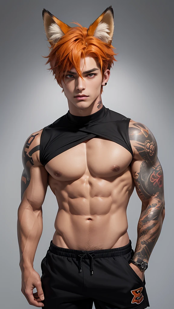 a muscular man, humanoid fox costume with ears, orange colour hair, short hairstyle, handsome detailed face, large breasts, sexy look, looking directly at viewer, tattoos, wearing black shorts,