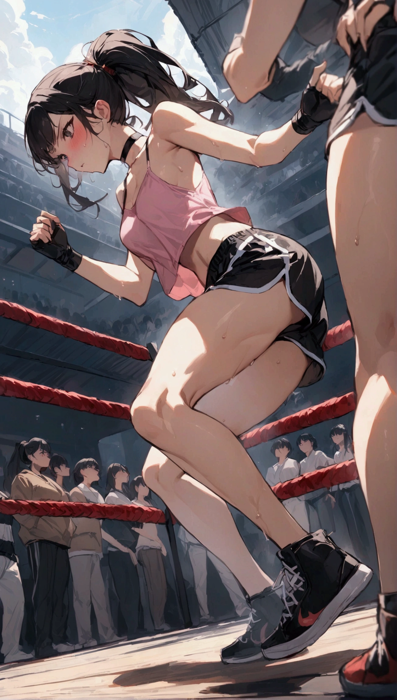 {{masterpiece}}, {{{Highest quality}}},{{Very detailed}}{{female martial artist}},{{Female fighters are sparring in the ring and struggling.}},{{during a match}},solo,1girl, {{Very slim legs:1.2}},slim body,{{}},{{}},Mature Women,Dynamic composition、Dutch Angle,from side,Focus on thighs,,v-shaped eyebrows.profound,Bad mood,blush,Sweat,{{clavicle:1.4}},{{}},,choker,,,,black fingerless gloves,dolphin shorts, Pink camisole, long hair,ponytail Blunt bangs,high-cut sneakers,{{On the ring:1.4}},Small crowd outside the ring,Small outdoor martial arts events