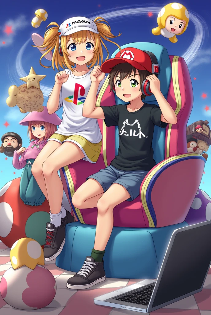 Une fille avec le logo Playstation, un garçon avec le logo Xbox, une fille avec le logo Nintendo, et un garçon avec le logo steam pourtant sur ses mains un ordinateur portable et un casque sur la tête anime