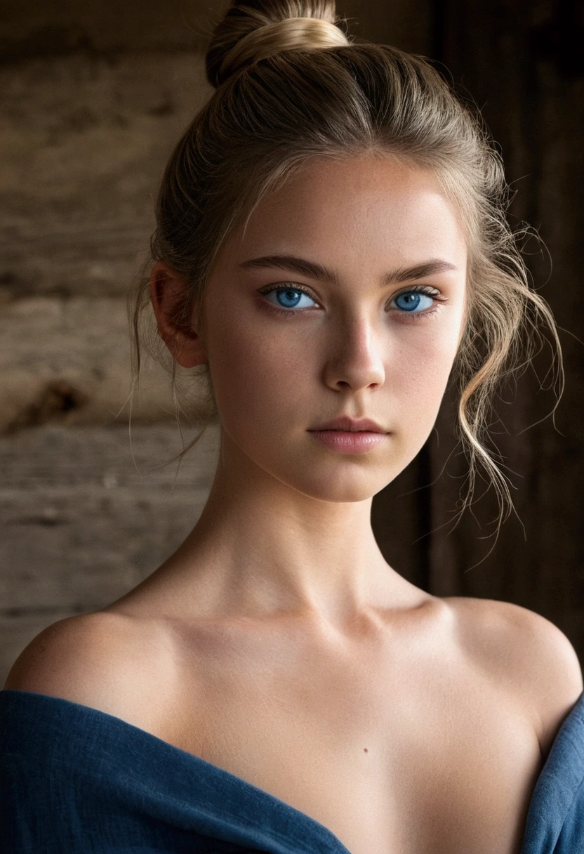 1 girl, thin face, sharp blue eyes, king, hair in bun, delgado:1.3, body, looking at the viewer, (shot at eye level, cowboy shot), full nude