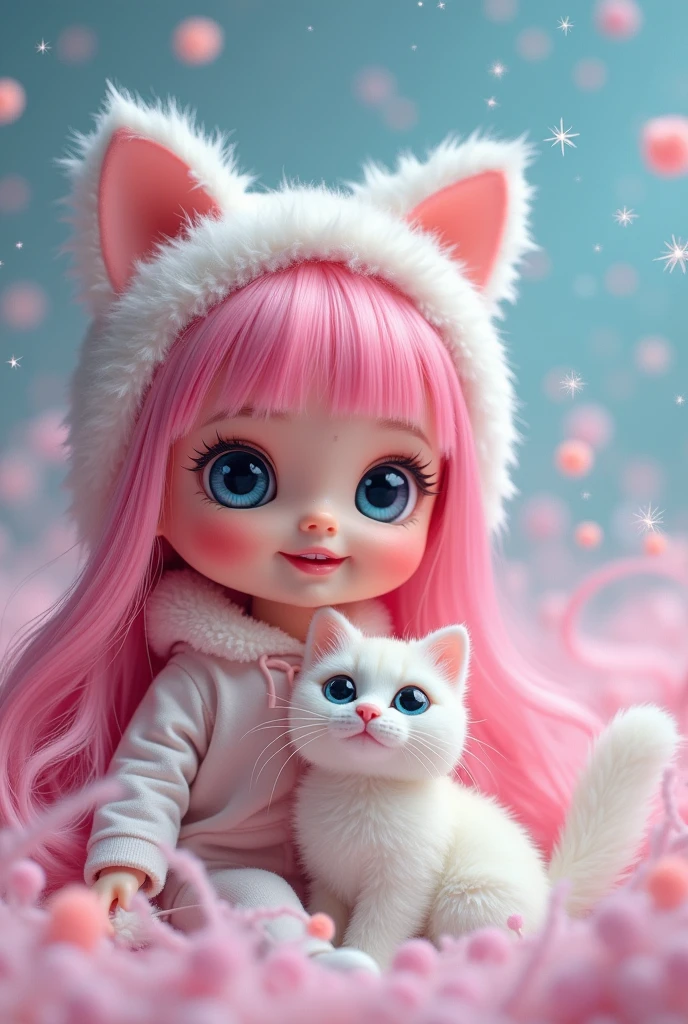 Little doll using cat ears with pink hair smiling looking to the front with a white cat with a magic background