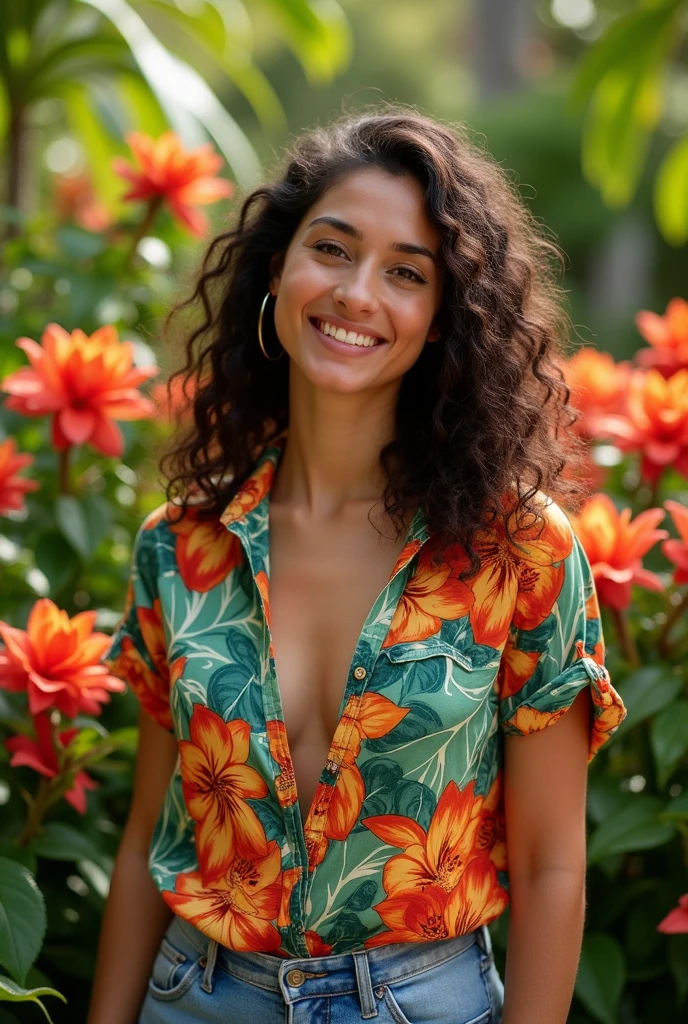 A Brazilian woman in a lush tropical garden, wearing an open shirt with a floral print, with a close-up capturing the harmonious beauty between her breasts and the natural flowers, showing off your natural charm and outgoing personality.