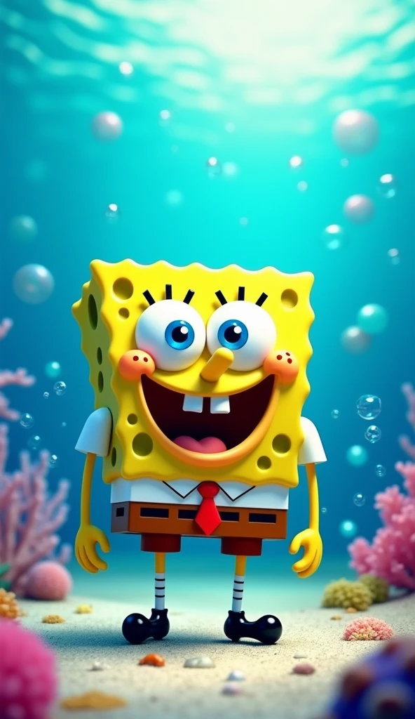 SpongeBob stands alone, his bright yellow body glowing with pure cheerfulness. His big blue eyes sparkle with joy, and his wide, toothy grin radiates happiness. The simplicity of his square pants and white shirt emphasizes his boundless optimism and kindness. This brief moment captures the essence of SpongeBob—a symbol of unfiltered joy and the power of positivity, no matter the circumstances.
