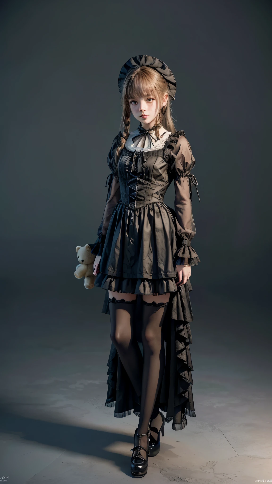 arafed image of a girl in a dress holding a teddy bear, gothic maiden anime girl, render of april, school girl in gothic dress, portrait of lolita,  in dress, small  girl, victorian gothic lolita fashion, render of mirabel madrigal, , render of a cute 3d anime girl, gothic maiden,  (full body:1.8), (upper body up:0.3), (hyper realistic:1.4), (realistic:1.3), (best quality real texture skin), Detailed eyes, detailed face, PERSEPHONE, (NSFW:1.5)