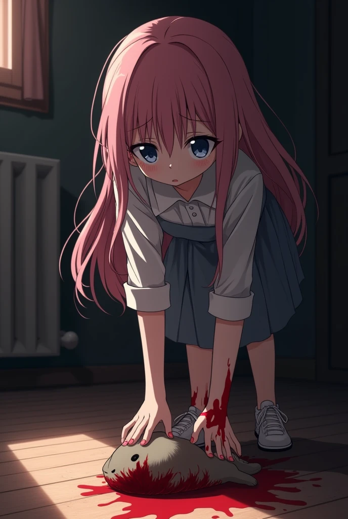 An anime girl with a rabbit on the floor, she's stepping on its head in her room. There's blood on the floor, she has a disgusted expression and the rabbit is dead. She has pink hair and blue eyes. The rabbit is injured. She is 18 years old. Her hair is long. Her hand is covered in blood and so is her face.