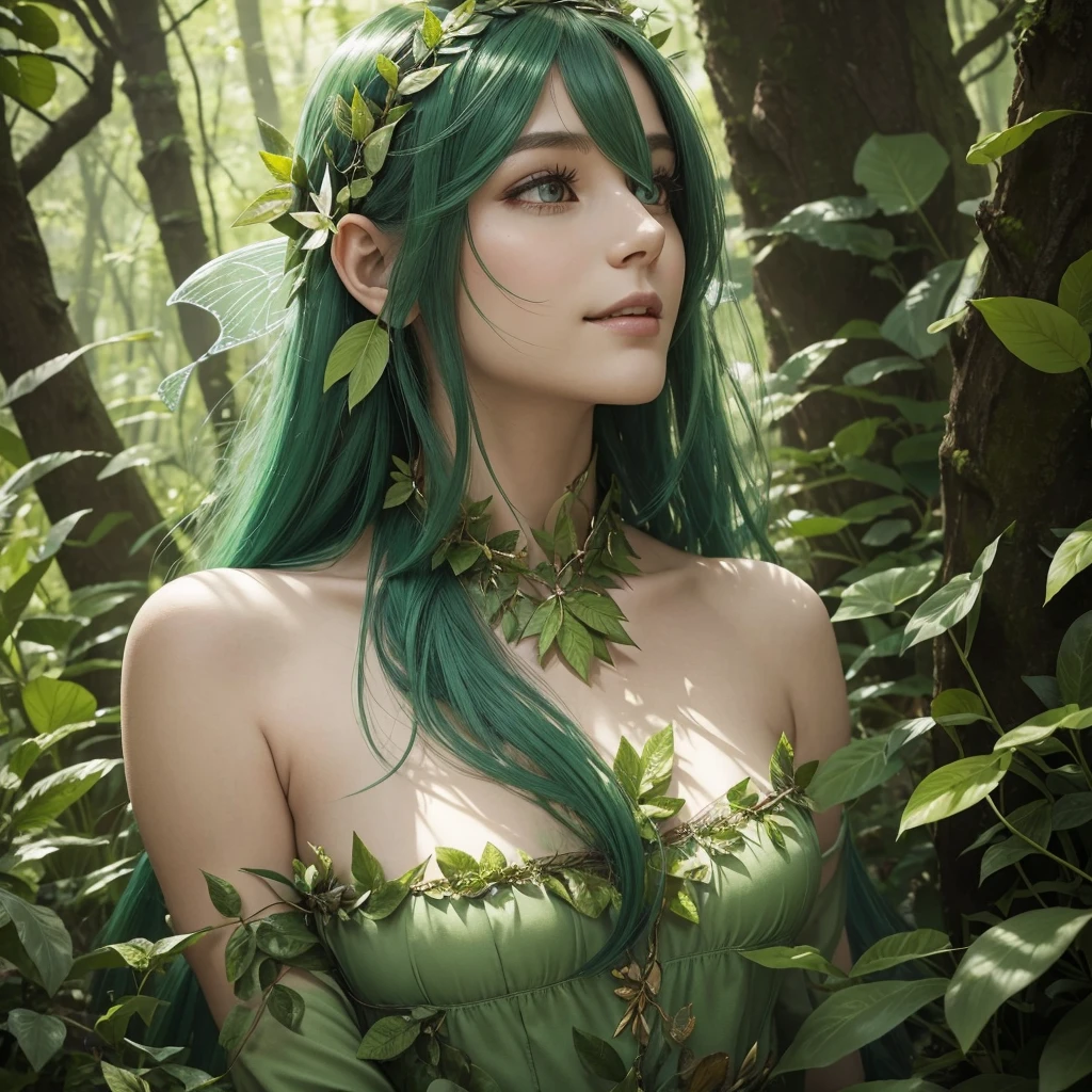 "A Leaf Fairy, a mystical creature connected deeply with nature and the wind. She has flowing green hair, delicate wings resembling leaves and flowers, and eyes that exude the vitality of nature. Though she appears to be in her early 20s, her true age is unknown, adding to her enigmatic aura. She is dressed in modest, plant-based clothing that emphasizes her close bond with the earth. Her expression is always gentle and calm, with a motherly smile that radiates warmth and serenity. New Leaf Fairies emerge from the ancient trees and fertile ground within lush forests, continuing the cycle of life in harmony with the natural world."