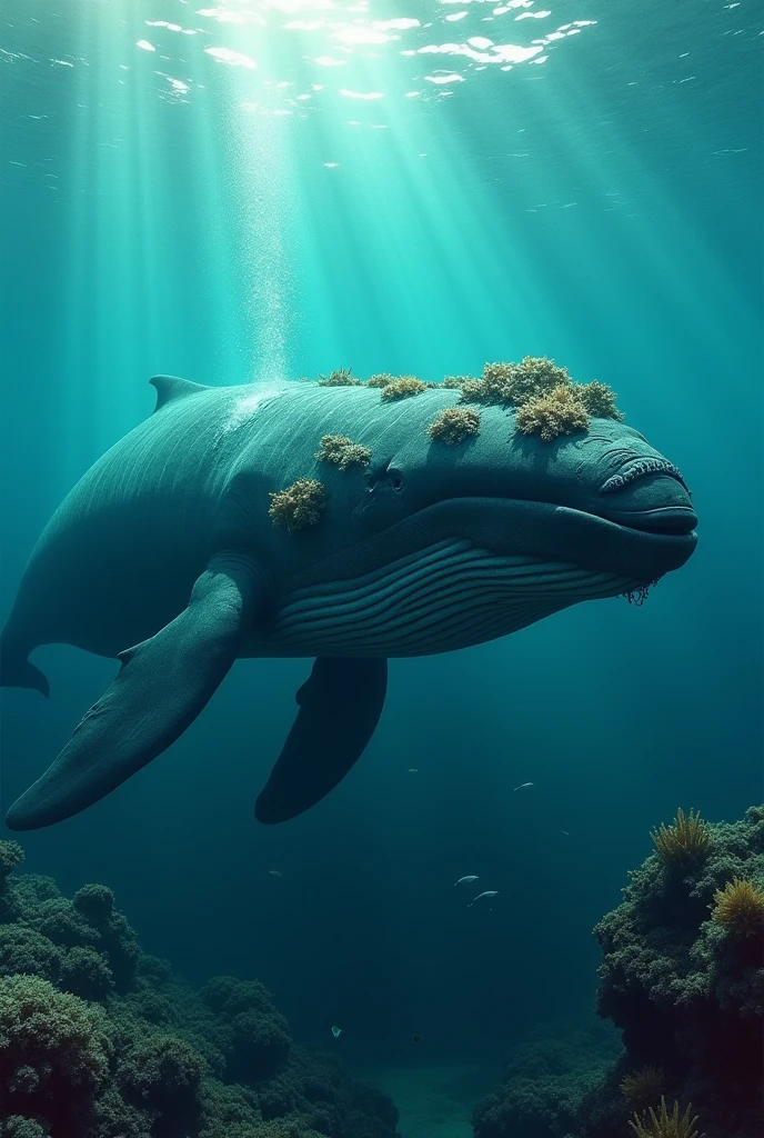 A sad, injured whale with coral embedded in its fin. Animated photo.