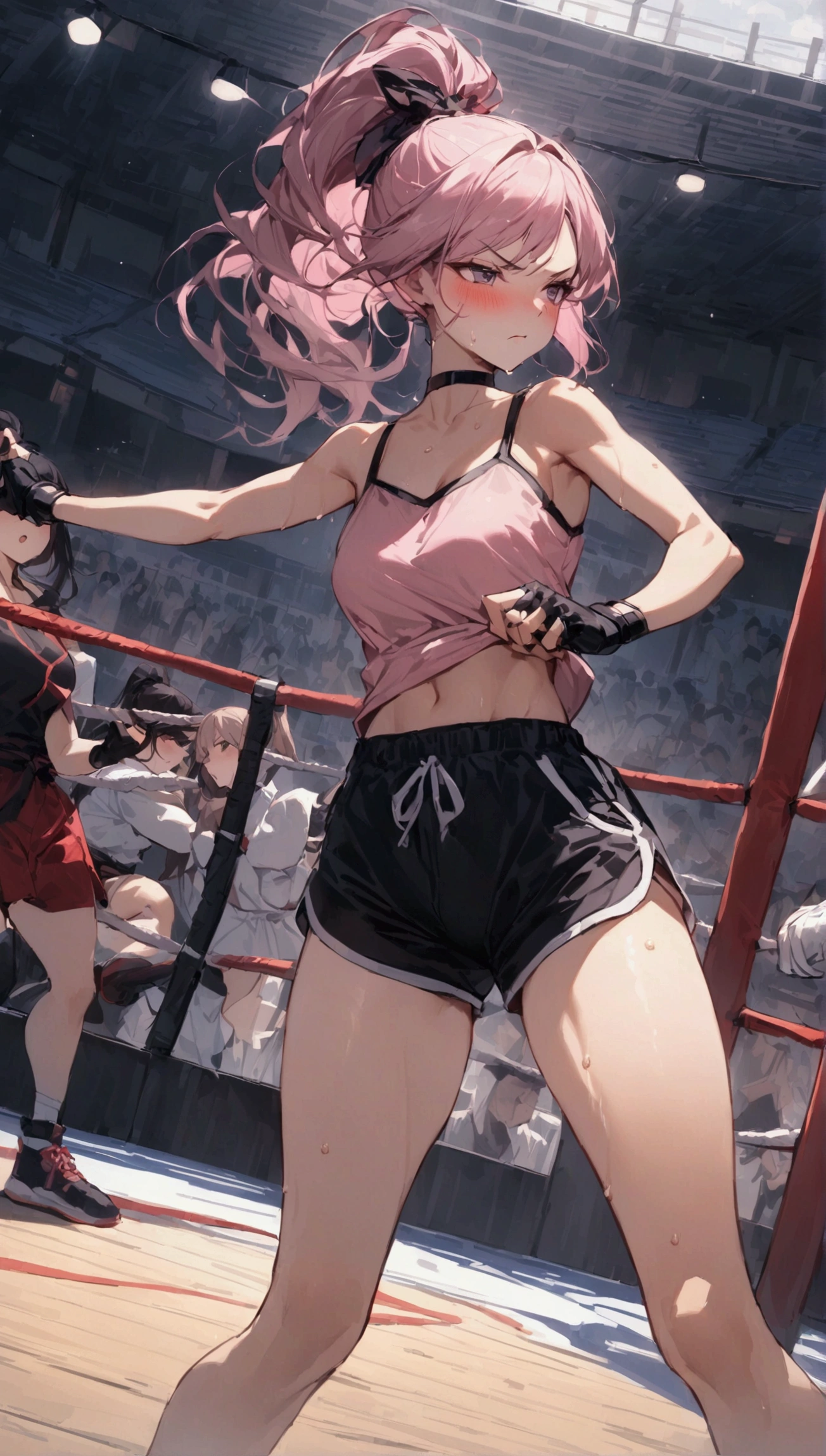 {{masterpiece}}, {{{Highest quality}}},{{Very detailed}}{{female martial artist}},{{Female fighters are sparring in the ring and struggling.}},{{during a match}},solo,1girl, {{Very slim legs:1.2}},slim body,{{}},{{}},Mature Women,Dynamic composition、Dutch Angle,from side,Focus on thighs,,v-shaped eyebrows.profound,Bad mood,blush,Sweat,{{clavicle:1.4}},{{}},,choker,,,,black fingerless gloves,dolphin shorts, Pink camisole, long hair,ponytail Blunt bangs,high-cut sneakers,{{On the ring:1.4}},Small crowd outside the ring,Small outdoor martial arts events