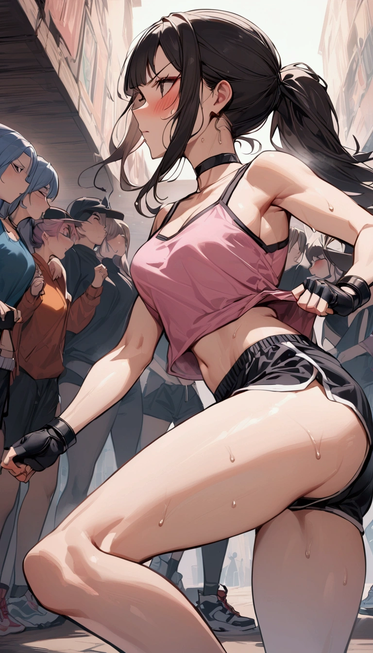 {{masterpiece}}, {{{Highest quality}}},{{Very detailed}}{{female martial artist}},{{Female fighters are sparring in the ring and struggling.}},{{during a match}},solo,1girl, {{Very slim legs:1.2}},slim body,{{}},{{}},Mature Women,Dynamic composition、Dutch Angle,from side,Focus on thighs,,v-shaped eyebrows.profound,Bad mood,blush,Sweat,{{clavicle:1.4}},{{}},,choker,,,,black fingerless gloves,dolphin shorts, Pink camisole, long hair,ponytail Blunt bangs,high-cut sneakers,{{On the ring:1.4}},Small crowd outside the ring,Small outdoor martial arts events