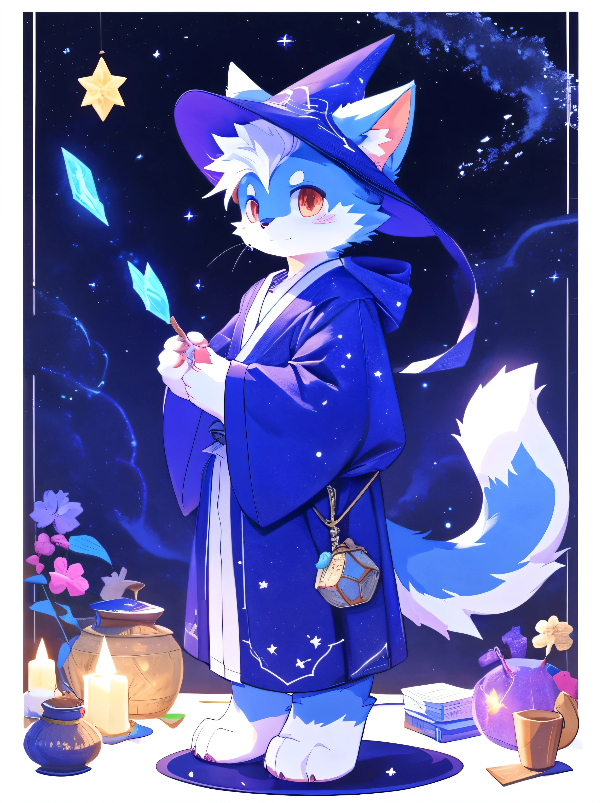 nj5furry,kemono,full-length portrait,anthro,hi res,male,White hair,Cat,Mage,Wizard Hat,Starry blue robe,Starry pattern,strong,Plush paw,Fluffy hair,Plush tail,A tail,Delicate eyes,Detailed eyes,(particle, Scattered letters, Starlight): 1.3