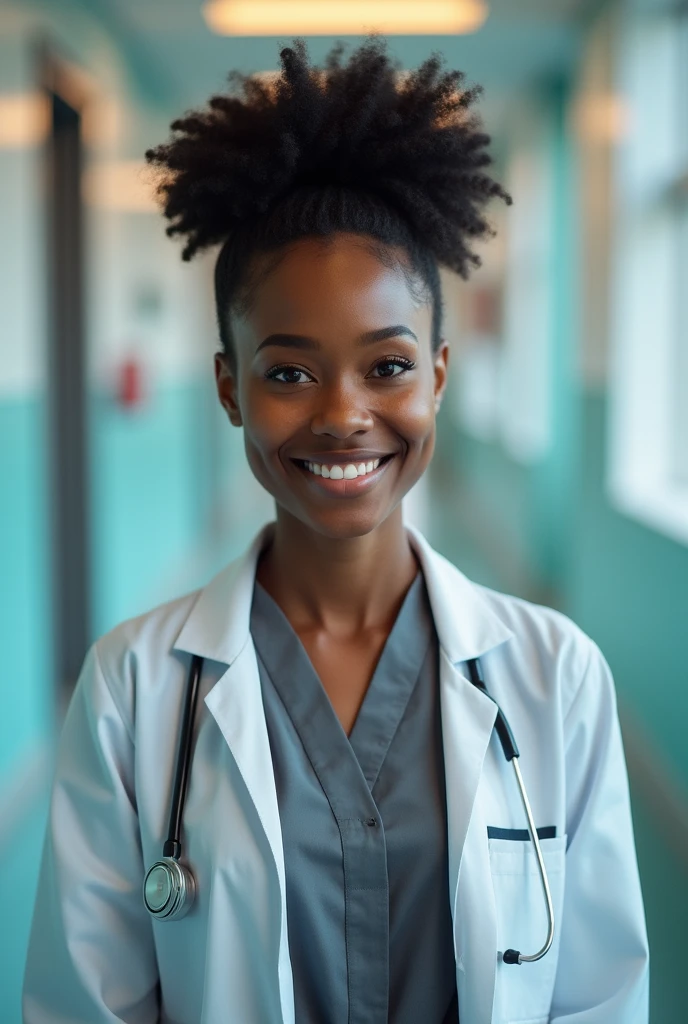 20 year old black woman. Round face and upturned nose. eyes black. Formal gray clothing and doctor's coat.