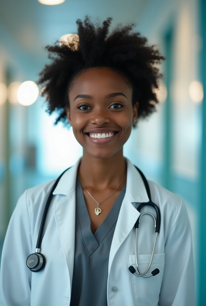 20 year old black woman. Round face and upturned nose. eyes black. Formal gray clothing and doctor's coat.