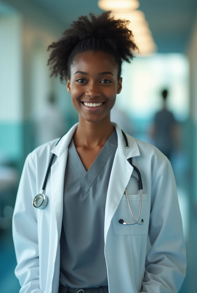 20 year old black woman. Round face and upturned nose. eyes black. Formal gray clothing and doctor's coat.
