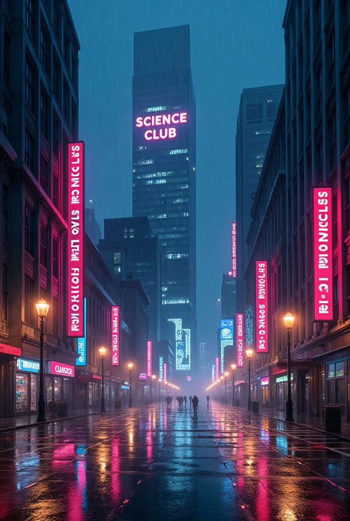 Make a science club logo with the slogan Science is the Light in the Darkness of Ignorance make the theme rainy midnight tokyo vibe make the the buildings with sigh say science club and the slogan more buildings with signs