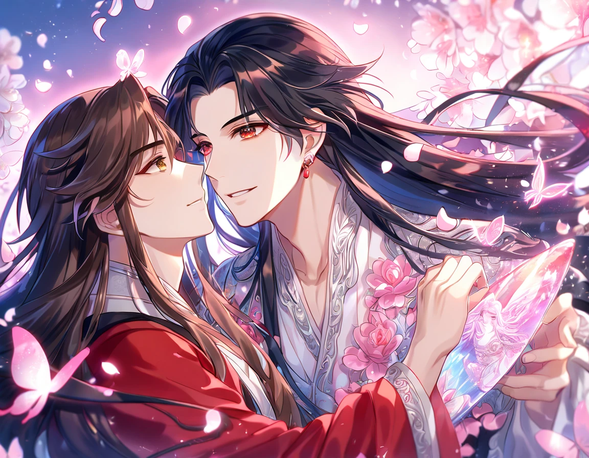 absurdres, highres, ultra detailed, HDR, master piece, Xie Lian, brown hair, long hair, expressive brown eyes, white clothes, Hua Cheng, black hair, long hair, expressive red eyes, red clothes, Heaven Official's Blessing, fantasy, glittering pink butterflies, petals, magical, two sexy men together, handsome, gay couple, yaoi, very detailed eyes and face, glittering, pink flowers, pink shining fireflies, pink fire, crystal glass magic, sensual, pink rain, in love, smiling