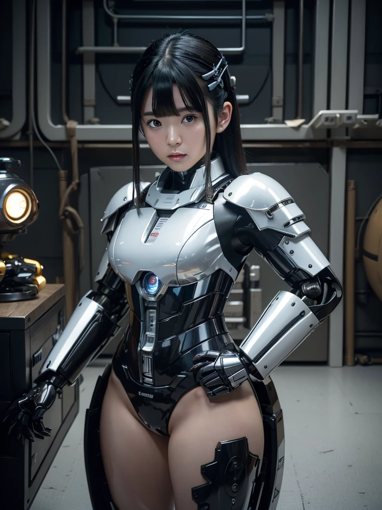 masterpiece, Highest quality, Very detailed, Japaese アンDroid girl,Portraiture,Plump,Thick,Control panel,アンDroid,Droid,Mechanical Hand, robotの腕と脚, Black Hair,Blunt bangs,perfect robot girl,Long tube,A thick cable was attached to her neck.,アンDroid,robot,humanoid,cyborg,japanese cyborg girl ,robot-embly plant,She is now assling,Assembscene,Chubby,
