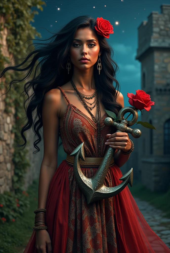 Gypsy woman with a red rose and an anchor