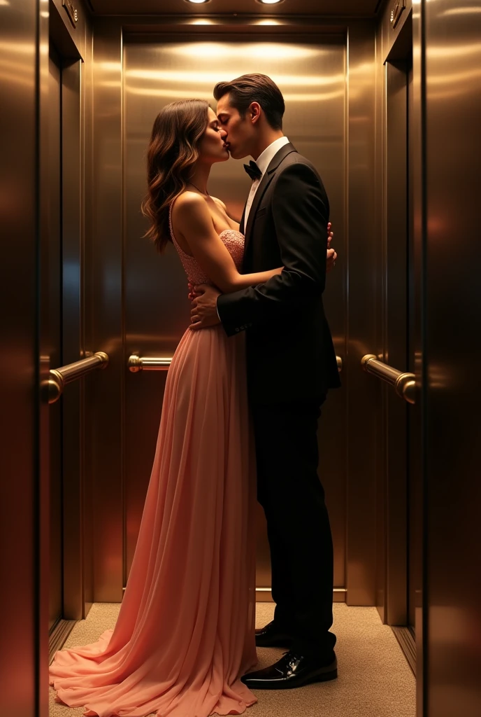 a charming and beautiful woman in a party dress, a handsome man in a suit and tie, sensual embrace, passionate kissing, intimate moment, inside an elevator, cinematic lighting, dramatic composition, photorealistic, high detail, vibrant colors, romantic atmosphere, (best quality,4k,8k,highres,masterpiece:1.2),ultra-detailed,(realistic,photorealistic,photo-realistic:1.37)