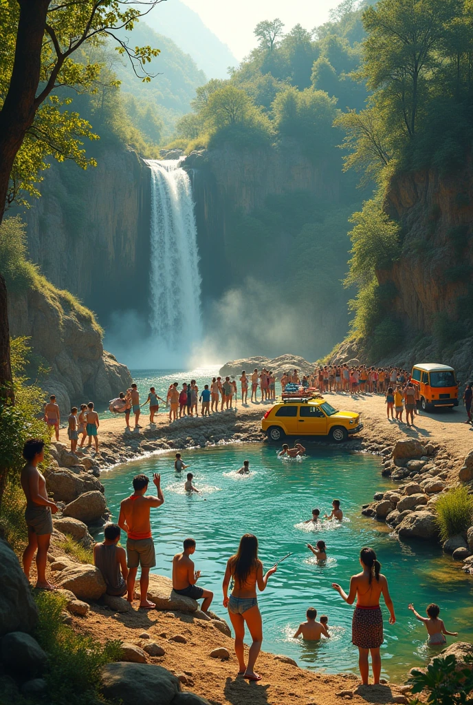 Church outing destination with falls, people catching fish, swiming,campfire,pond, people praying laughter joy, car,road trip.