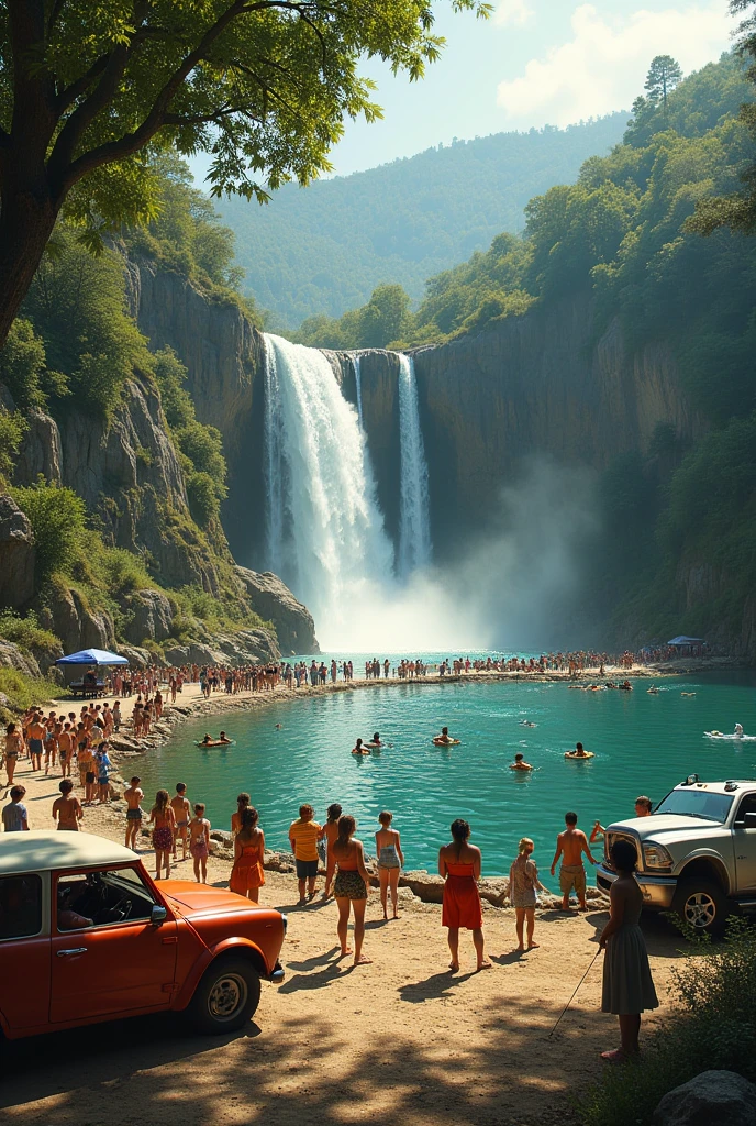 Church outing destination with falls, people catching fish, swiming,campfire,pond, people praying laughter joy, car,road trip.