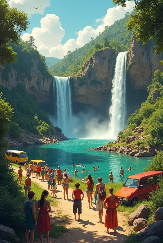 Church outing destination with falls, people catching fish, swiming,campfire,pond, people praying laughter joy, car,road trip.