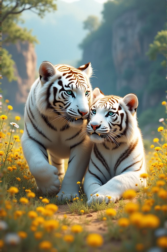 full lenght a full-body picture with two large, magnificent, beautiful white tigers with sea-blue eyes running and playing with each other. The atmosphere is dusty from the soil, amidst the beauty of a field of small, light yellow flowers, going with the wind. The corner of a steep cliff has small flowers growing all around, beautiful, with a shimmering, glowing light. Three-dimensional picture, oil painting, sharp picture, art of Professor Chalermchai.