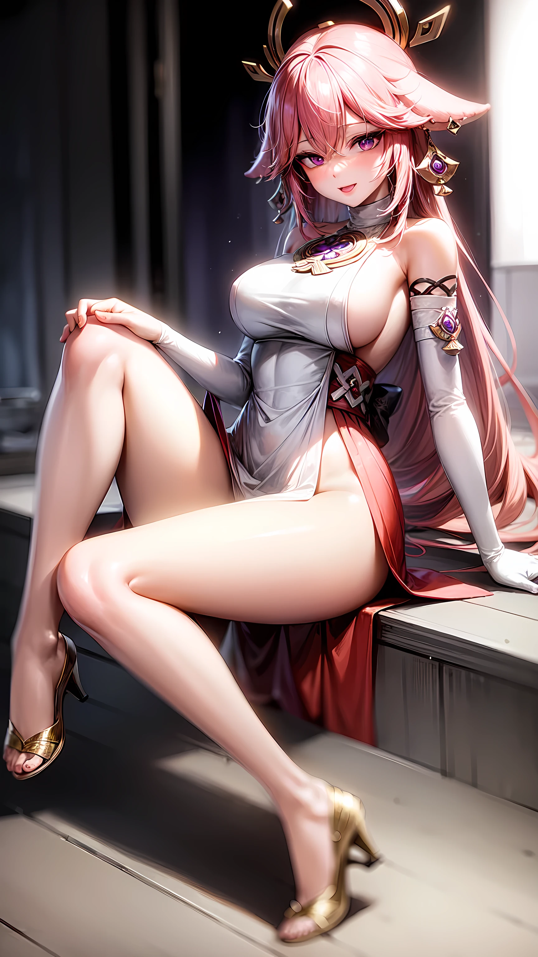 Yae Miko,purple eyes,Wedding Dress,long skirt,seductive face,legs open