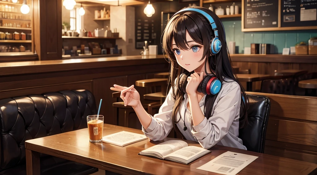 Girl with headphones enjoying music in a cafe　I am studying　Emphasize a little bit of the chest