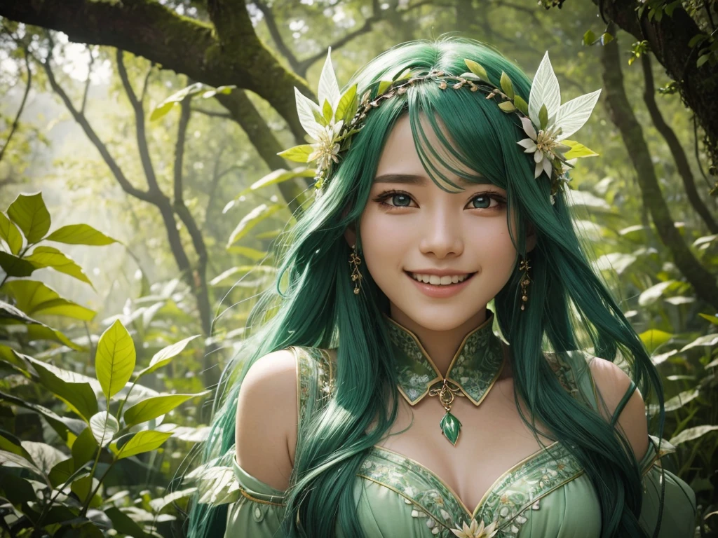 A delicate close-up of a face、"A Leaf Fairy, a mystical creature connected deeply with nature and the wind. She has flowing green hair, delicate wings resembling leaves and flowers, and eyes that exude the vitality of nature. Though she appears to be in her early 20s, her true age is unknown, adding to her enigmatic aura. She is dressed in modest, plant-based clothing that emphasizes her close bond with the earth. Her expression is always gentle and calm, with a motherly smile that radiates warmth and serenity. New Leaf Fairies emerge from the ancient trees and fertile ground within lush forests, continuing the cycle of life in harmony with the natural world."