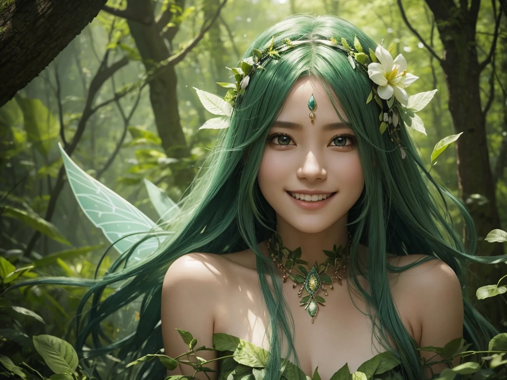 A delicate close-up of a face、"A Leaf Fairy, a mystical creature connected deeply with nature and the wind. She has flowing green hair, delicate wings resembling leaves and flowers, and eyes that exude the vitality of nature. Though she appears to be in her early 20s, her true age is unknown, adding to her enigmatic aura. She is dressed in modest, plant-based clothing that emphasizes her close bond with the earth. Her expression is always gentle and calm, with a motherly smile that radiates warmth and serenity. New Leaf Fairies emerge from the ancient trees and fertile ground within lush forests, continuing the cycle of life in harmony with the natural world."