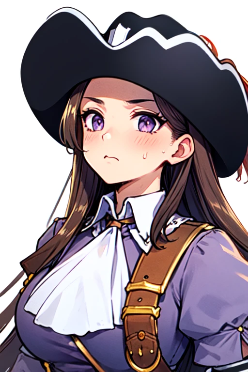 masterpiece, high res, detailed face, detailed eyes, solo, big breasts, brown hair, purple eyes, long hair, (aroused facial expression), blush, sweat, (purple uniform), (white ascot), (black wide-brim musketeer hat), (white collar), (simple white background), blurry background, close-up