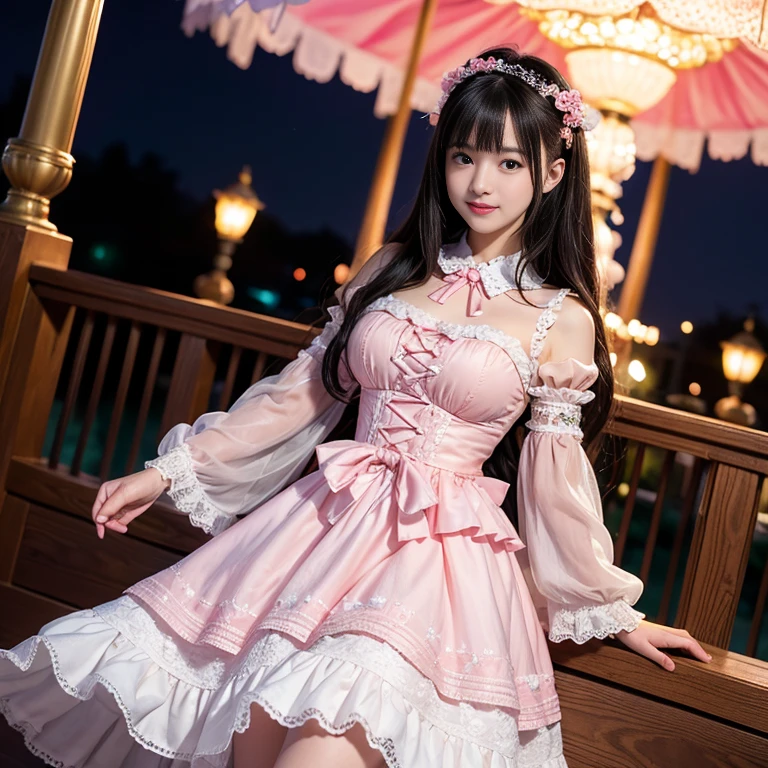 Side shot, Mature, , 41 year old woman, Bow at the back of the waist, Skirt length to calf, cupcake dress, Layered skirt with lace on each layer, Wear a LOLITA dress, layered dress, Pink lolita skirt, lots of lace, Long sleeve, Wide sleeves, Big skirt, layered lace skirt, Puff sleeves, Wide sleeves, Transparent sleeves, intricate details showcase the ruffles and intricate designs of the Lolita dress, Wearing a lolita dress, in the amusement park, at disneyland, The background is a carousel, best quality, Delicate face,beautiful visual work, lifelike, eternity, black hair, Long curly hair, blunt bangs, Smile, Detailed Background, Delicate face,blush,cold,((masterpiece))、(top quality)、8k、high detail、Super detailed,41-year-old female, masterpiece、born、Scenes resembling fairy tale illustrations、intricate details和複雜的設計、Beautifully、magic、capricious、 Beautifully、Dream aesthetics、「𝓡𝓸𝓶𝓪𝓷𝓽𝓲𝓬、ethereal、charming、fickle、magic」、realism、Visual effects、FXAA、SSAO、Shader、voiceless、ambient lighting、Tone mapping、High resolution、Ultra high quality、Million pixels、(8K resolution:1.10)、8k、8k以下、8K resolution、high detail、intricate details, (high quality:1.2、masterpiece:1.2、:1.21)、(41-year-old female:1.21)、(興奮地Smile)、(Surrounded by a dreamy atmosphere、Model diagram,full-body shot,Normal 2 feet,Put your hands behind you,The protrusion of the breast is visible when wearing clothes, Large Breasts, H cup chest, pink clothes, Don't show your fingers, full-body shot, full-body shot,full-body shot,full-body shot,full-body shot,full-body shot,full-body shot,full-body shot,hands hidden in clothes, hands hidden in clothes,hands hidden in clothes,hands hidden in clothes,hands hidden in clothes,hands hidden in clothes,hands hidden in clothes,hands hidden in clothes,hands hidden in clothes, ,hands hidden in sleeves ,hands hidden in sleeves ,hands hidden in sleeves ,hands hidden in sleeves ,hands hidden in sleeves ,hands hidden in sleeves ,hands hidden in sleeves ,hands hidden in sleeves, arms behind back, arms behind back, milf, mature women