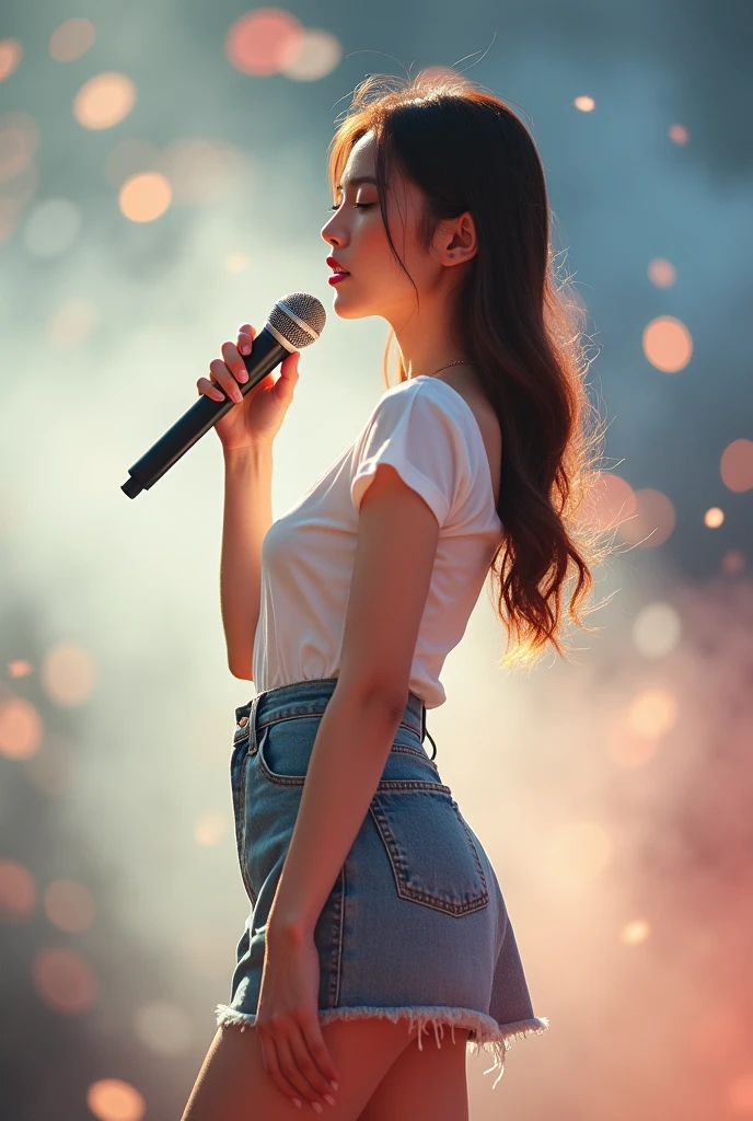 arafed asian woman in a white top and denim skirt posing for a picture, korean women's fashion model, gorgeous young korean woman, beautiful south korean woman, beautiful young korean woman, 8k artgerm bokeh, korean girl, jinyoung shin, gorgeous chinese model, jaeyeon nam, beautiful girl model, beautiful asian girl, holding a microphone in hand, sing a song,
