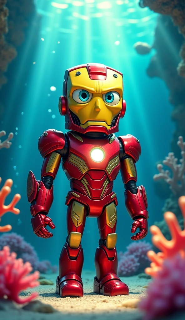SpongeBob, in Iron Man's red and gold armor, stands confidently with his square face visible through the helmet. His wide, determined eyes reflect both excitement and bravery. The arc reactor on his chest glows brightly, casting a warm light in his pineapple home, as he prepares for heroics with a mix of humor and courage.