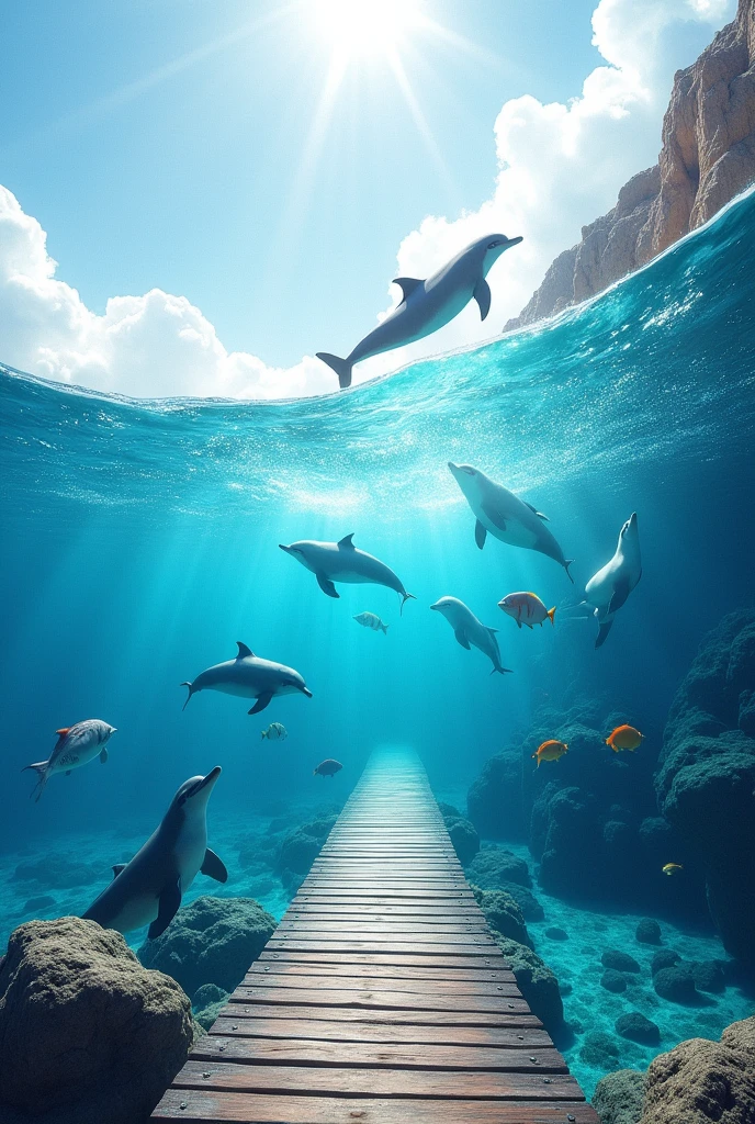 A clear white sky, a superficial wooden path that separates a low but beautiful and magical blue crystalline sea with sparkles , with different sea animals and sea lions jumping from one side to the other.