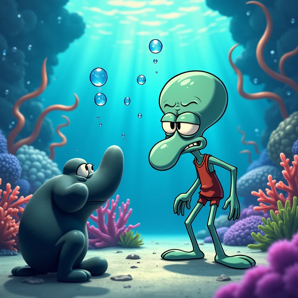 Draw Squidward Tentacles angrily looking at the viewer underwater