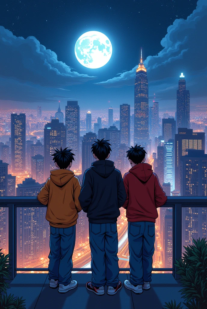 Urban-style illustration featuring three boys wearing baggy, urban-style clothing, looking out from a rooftop terrace at a city bathed in beautiful night lights, with a full moon in the sky.