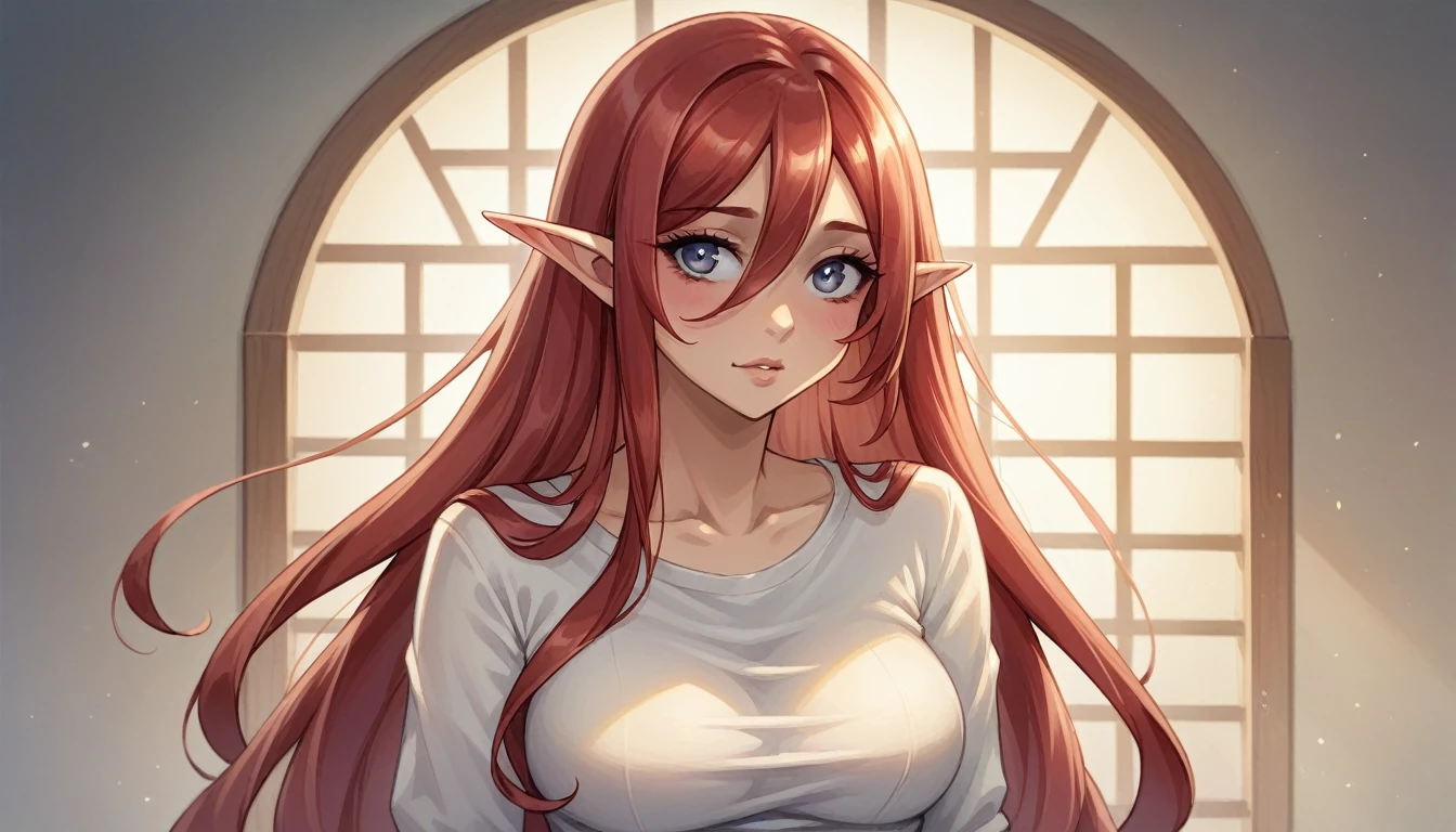 A red-haired elf succubus woman in a white shirt is holding her hair up., garota アニメ sedutora, arte de アニメ limpa e detalhada, アニメ. soft lighting, arte digital detalhada de アニメ, Ilya Kuvshinov with long hair, estilo de realismo de アニメ, 极其详细的Artgerm, estilo de arte アニメ realista, pintado em estúdio de pintor de アニメ, Ilya Kuvshinov. 4K, highly detailed exquisite fanart