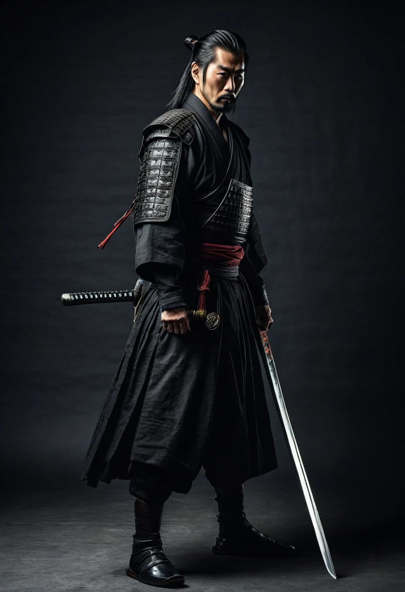 Samurai from the side ,dark style with sword in one hand with a striking gaze