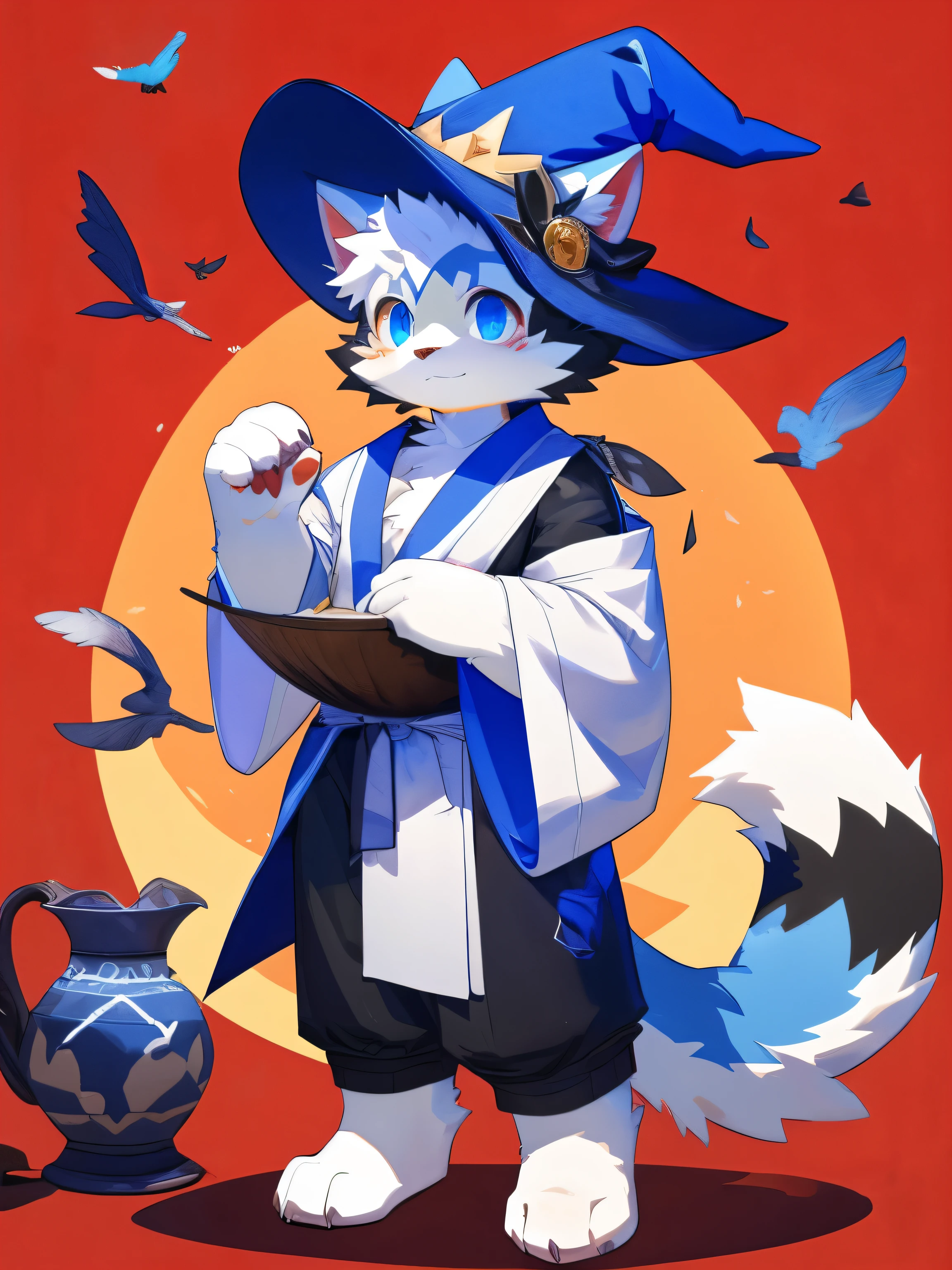 nj5furry，kemono，full-length portrait，anthro，hi res，male，White hair，White cat，Mage，Wizard Hat，White robes，Armband，strong，Plush paw，Fluffy hair，Plush tail，A tail，Delicate eyes，Detailed eyes