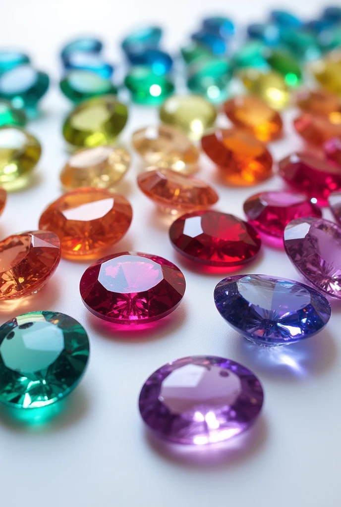 Some gems of various colors and arranged in rows on a white background
