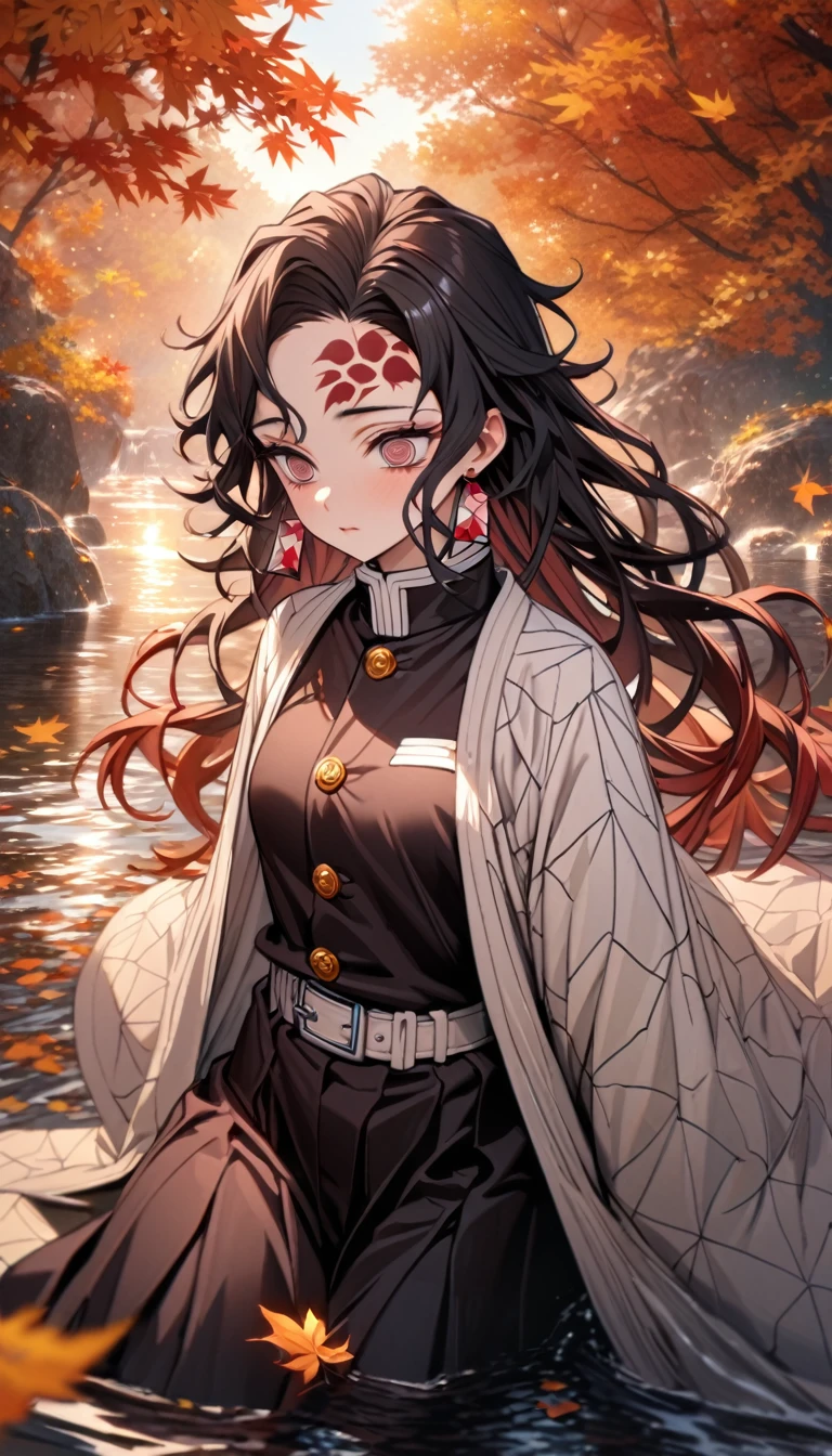 Super detailed, High resolution, Absurd, High resolution, Masterpiece, tanjiro kamado, burgundy tip、Wavy black hair, long hair, Dark red expressive eyes, Hanafuda earrings, Kimetsu no Yaiba, water, autumn, petal, Orange and yellow leaves, alone, pretty, Demon hunter uniform, Black and white haori, Highest quality, Red spots on forehead, no smile.