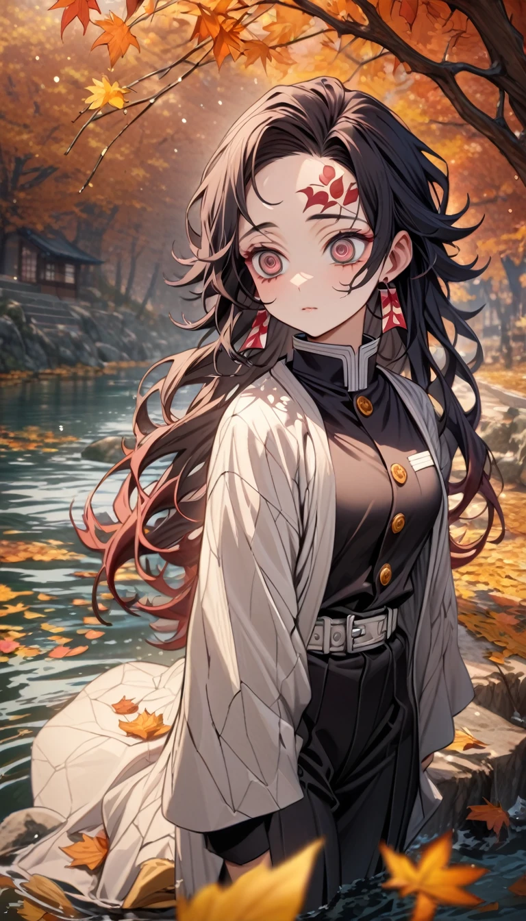 Super detailed, High resolution, Absurd, High resolution, Masterpiece, tanjiro kamado, burgundy tip、Wavy black hair, long hair, Dark red expressive eyes, Hanafuda earrings, Kimetsu no Yaiba, water, autumn, petal, Orange and yellow leaves, alone, pretty, Demon hunter uniform, Black and white haori, Highest quality, Red spots on forehead, no smile.