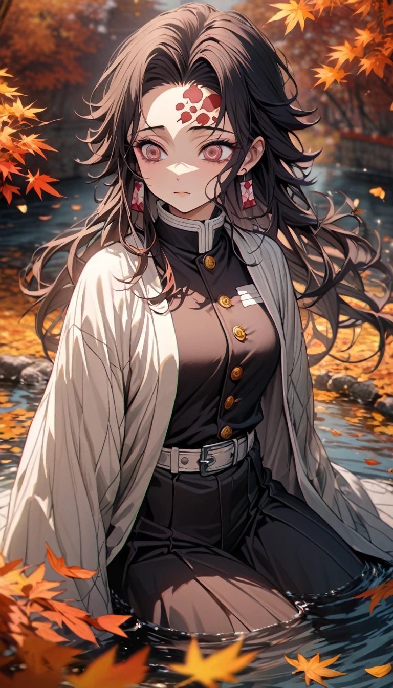 Super detailed, High resolution, Absurd, High resolution, Masterpiece, tanjiro kamado, burgundy tip、Wavy black hair, long hair, Dark red expressive eyes, Hanafuda earrings, Kimetsu no Yaiba, water, autumn, petal, Orange and yellow leaves, alone, pretty, Demon hunter uniform, Black and white haori, Highest quality, Red spots on forehead, no smile.