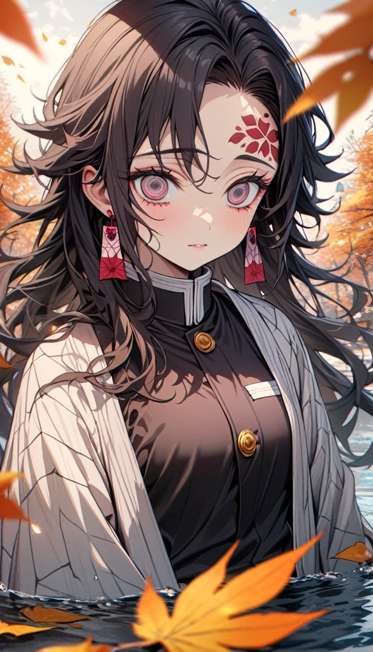 Super detailed, High resolution, Absurd, High resolution, Masterpiece, tanjiro kamado, burgundy tip、Wavy black hair, long hair, Dark red expressive eyes, Hanafuda earrings, Kimetsu no Yaiba, water, autumn, petal, Orange and yellow leaves, alone, pretty, Demon hunter uniform, Black and white haori, Highest quality, Red spots on forehead, no smile. 