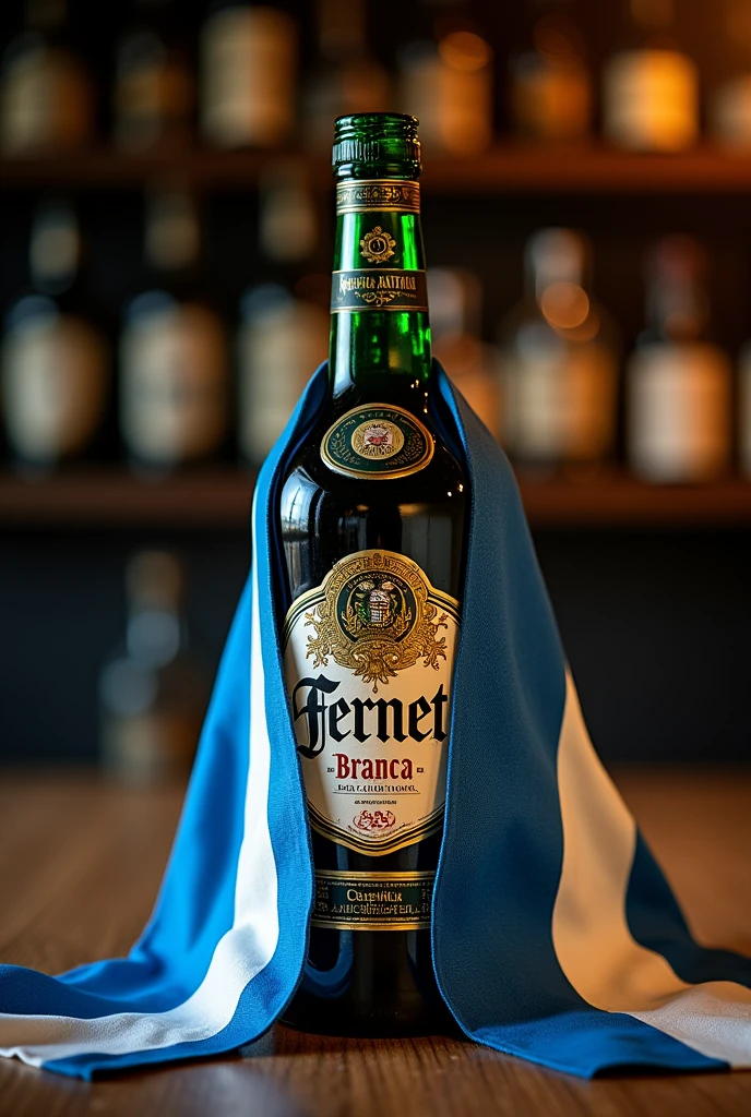 Bottle of Fernet Branca wrapped in the flag of Córdoba, Argentina
