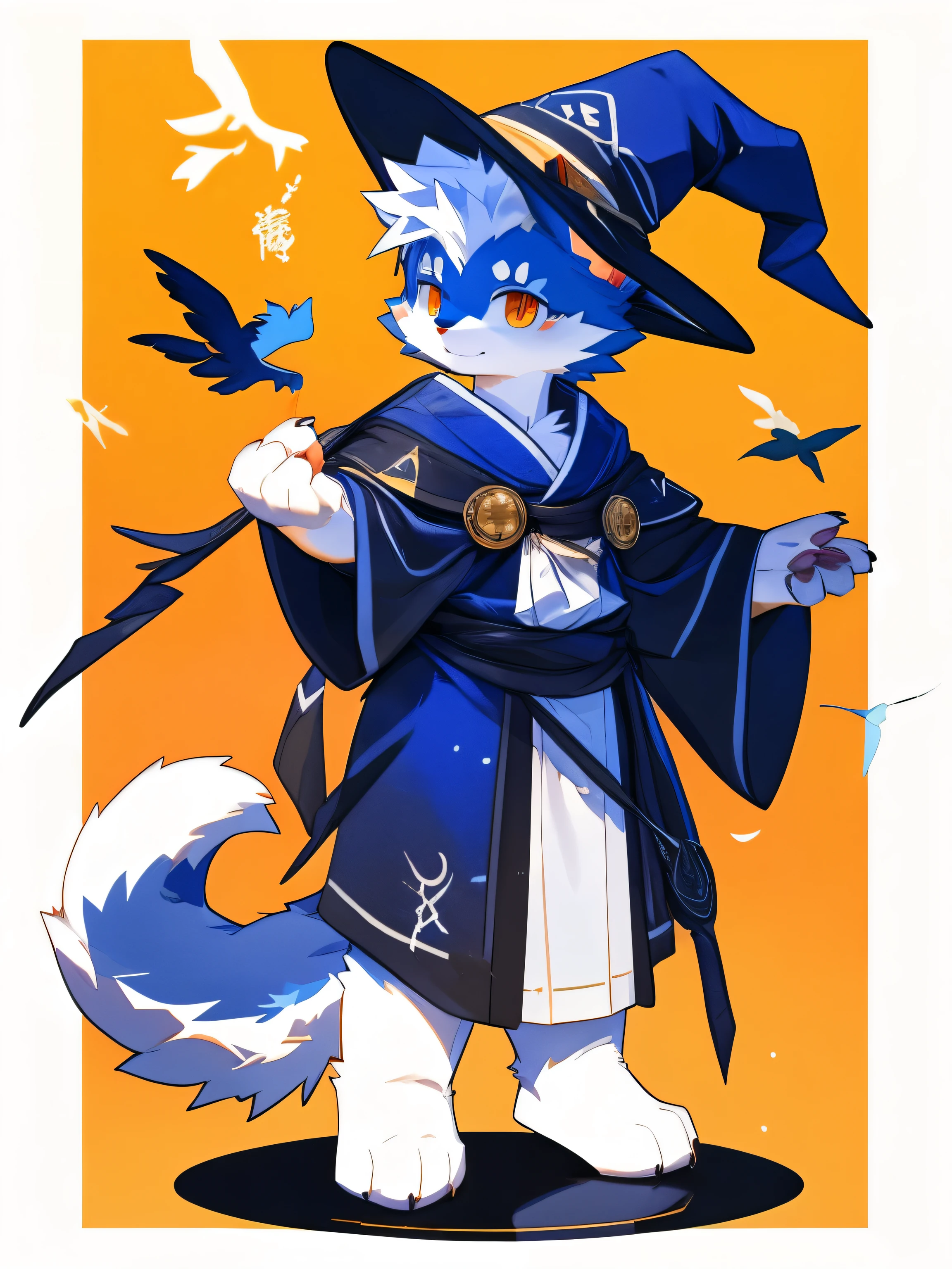 nj5furry，kemono，full-length portrait，anthro，hi res，male，White hair，White cat，Mage，Wizard Hat，White robes，Armband，strong，Plush paw，Fluffy hair，Plush tail，A tail，Delicate eyes，Detailed eyes